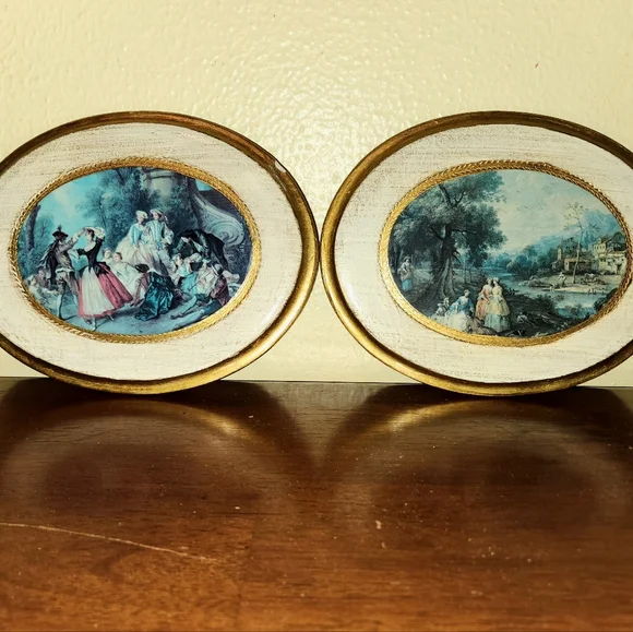 Vintage Florentine Gold Gilt Wooden Painted Plaques Made in Italy